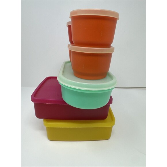 7x Vintage Tupperware Snack Set - 2 square away keeper 4 cups orange red yellow - Picture 15 of 15